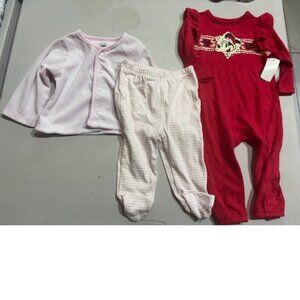 Girls Minnie Mouse Christmas 6-9 mths Red Jumpsuit & Pink Cardigan, Pants Set